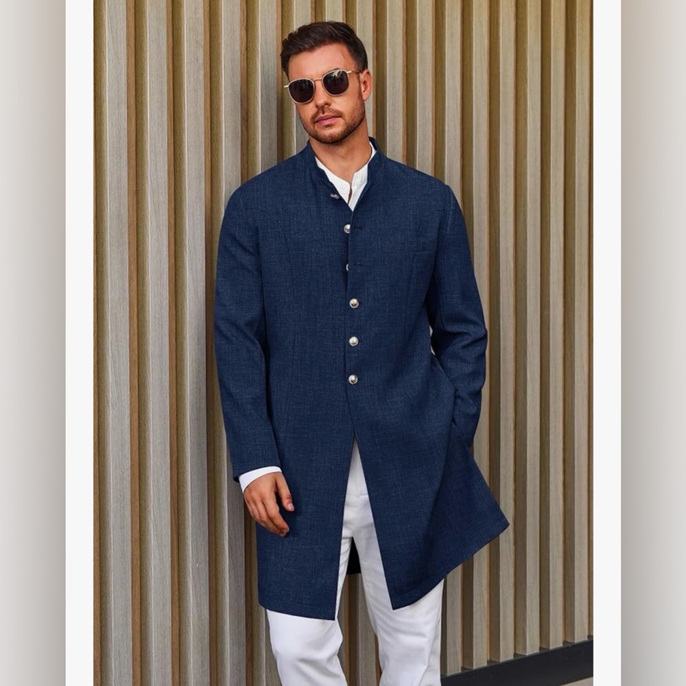 Men's Navy Stand-Collar Trench Coat